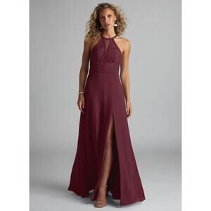 [Azazie] Rona Cabernet Red High Neck Halter Lace Bridesmaid Dress Slit NWT Sz 4